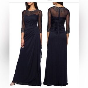 NWT Alex Evenings 8197035 embellished Chiffon Gown Navy blue $329